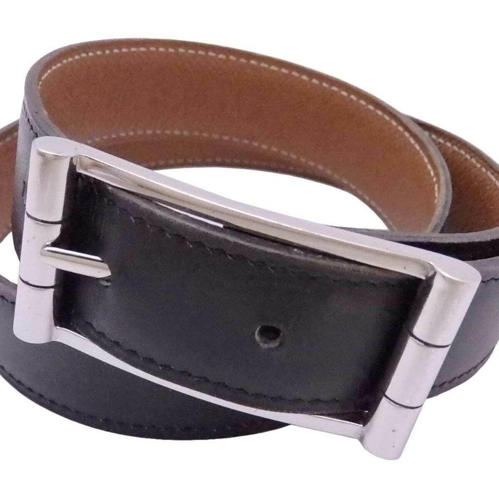 Auth HERMES Square D (2000) Belt Size: 65 Black/Brown Leather/Silver